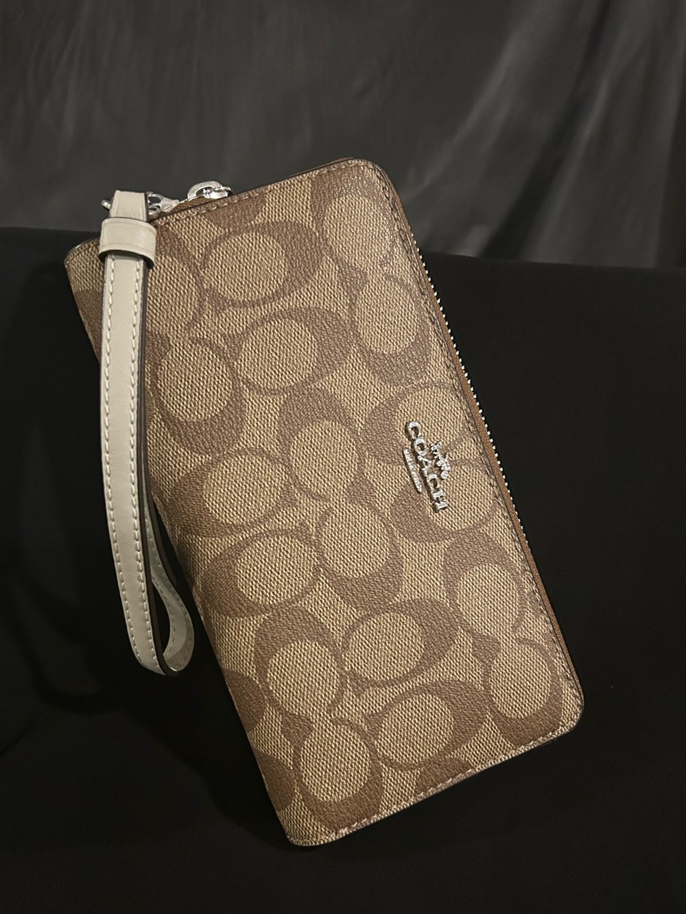 Coach Brown Signature Canvas Zip Wristlet with Cream Strap